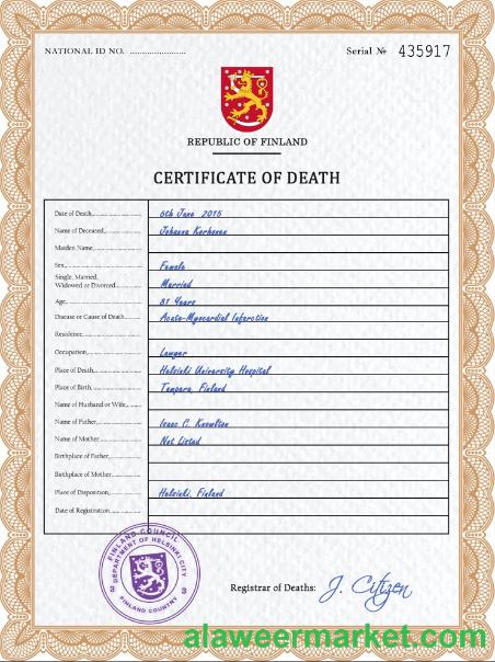 Finland death certificate PSD template